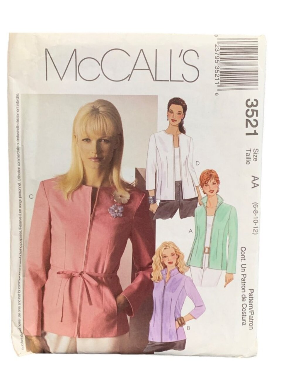 McCalls 3521 Womens Lined Jacket Belt Pattern Size 6-8-10-12 Uncut